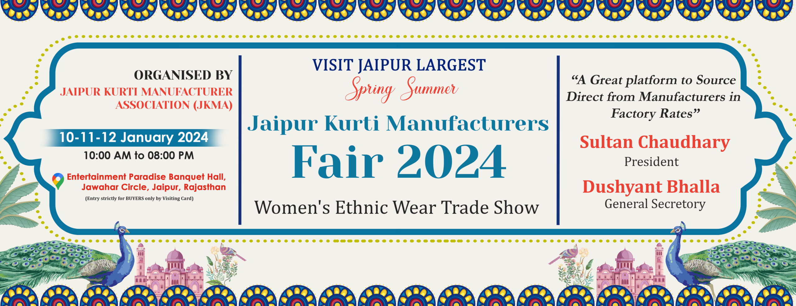 Jaipur Kurti Manufacturers Fair 2024 (Jaipur Garment Fair / JKMA Fair) ANNOUNCEMENT for Jaipur Kurti Manufacturers Fair 2024 by Jaipur Kurti Manufacturer Association in Jaipur ONLINE VISITORS #REGISTRATION IS NOW OPEN…! #REGISTER_ONLINE – SAVE RS 100 – AVOID LONG QUEUES AT REGISTRATION DESK Jaipur is the biggest of hub of manufacturing of Jaipuri Kurtis, Kurti Pant Sets, Kurti Dupatta Sets, Anarkalis, Anarkali Pant Dupatta Sets in Cotton, Rayon, Muslin, Silk, Modal, Chanderi, Handloom etc in variety of styles and patterns, Jaipur is supplying to all the Wholesale Markets, Retailers, Brands, Ecommerce Companies etc. Here is the chance to meet Direct Manufacturer of Kurtis having their own manufacturing units and factories in Sitapura Industrial Area, Mansarovar Industrial Area, Sanganer and other locations of Jaipur Rajasthan. Don’t Miss it…! Jaipur Kurti Manufacturer Association is organizing Jaipur Kurti Fair 2023 which is Jaipur’s Largest Spring / Summer Apparel Trade Expo in which all Wholesalers, Traders, Retailers, Brands, Ecommerce Companies, Garment Textile Agents are going to visit. Date: 10-11-12 January 2023 (3 Days) Venue: Entertainment Paradise Banquet Hall, Jaipur, Rajasthan Google Location of Venue: https://goo.gl/maps/F5jF63KyWR2Y7j5Z9 (Remember … Every Year – January – Jaipur Kurti Fair by Jaipur Kurti Manufacturer Association – Summer Booking – To Order Jaipuri Kurtis in Premium Cotton Prints from Direct Manufacturers) >>> Only Jaipur >>> Only Jaipur >>> Only Jaipur √ Share on your Social Media Accounts. √ Share on your WhatsApp Status √ Save in your Calendar √ Inform your contacts in your Network #kurti_fair_in_jaipur #kurti_expo_in_jaipur #kurti_tradeshow_in_jaipur #jaipurkurtimanufacturer #jaipurkurtiwholesale #cmai #springfair #summerfair #kurtiexpo #kurtifair #jaipur_kurti_fair_2023 #jkma_jaipur #kurti_fair_in_janauary_for_summer_booking #chennai_apparel_association #garmentfair #mumbaigarmentfair